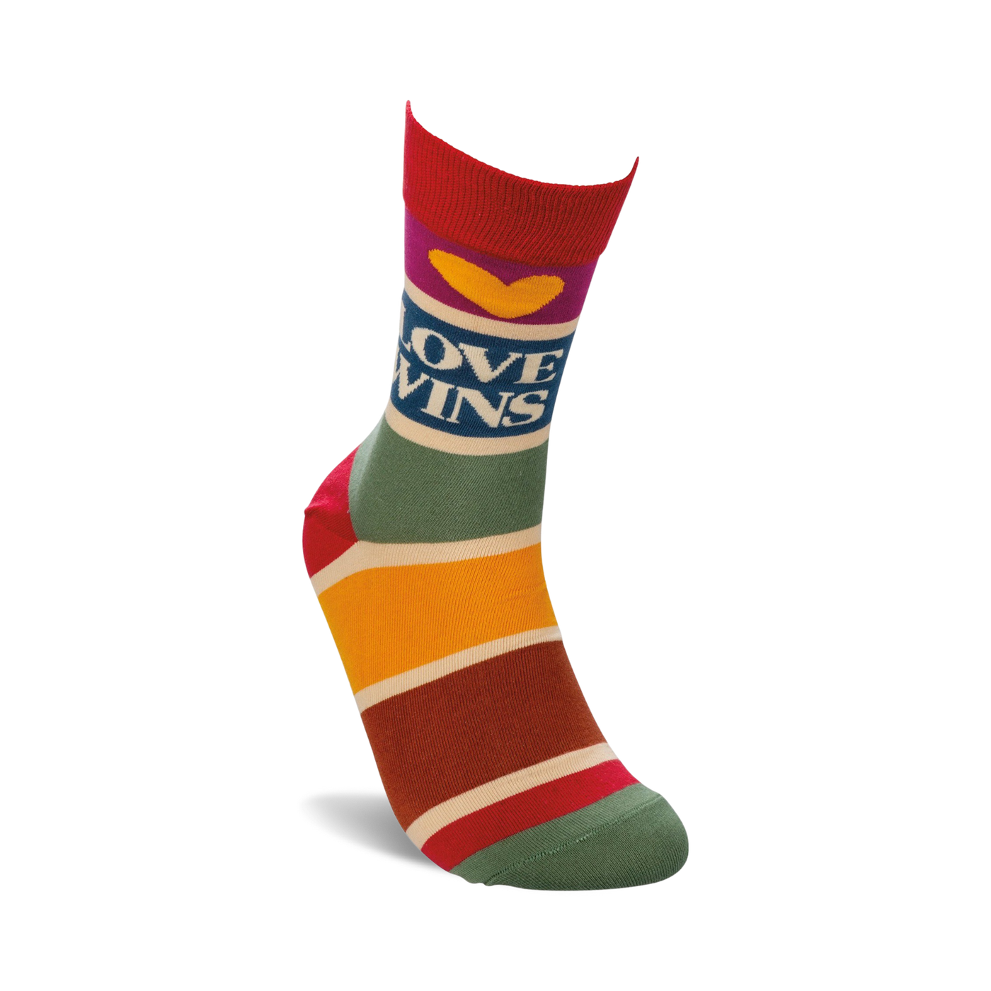 Lifestyle shot of 'Love Wins' socks on a model's foot, showcasing the fit and design.