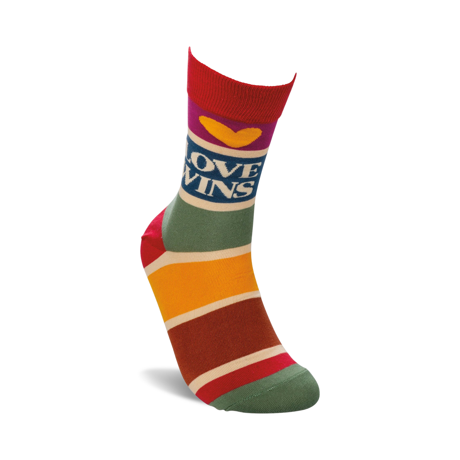 Lifestyle shot of 'Love Wins' socks on a model's foot, showcasing the fit and design.