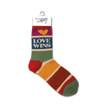 Flat lay product shot of a single 'Love Wins' sock hanging on a tag, showing the sock's details.