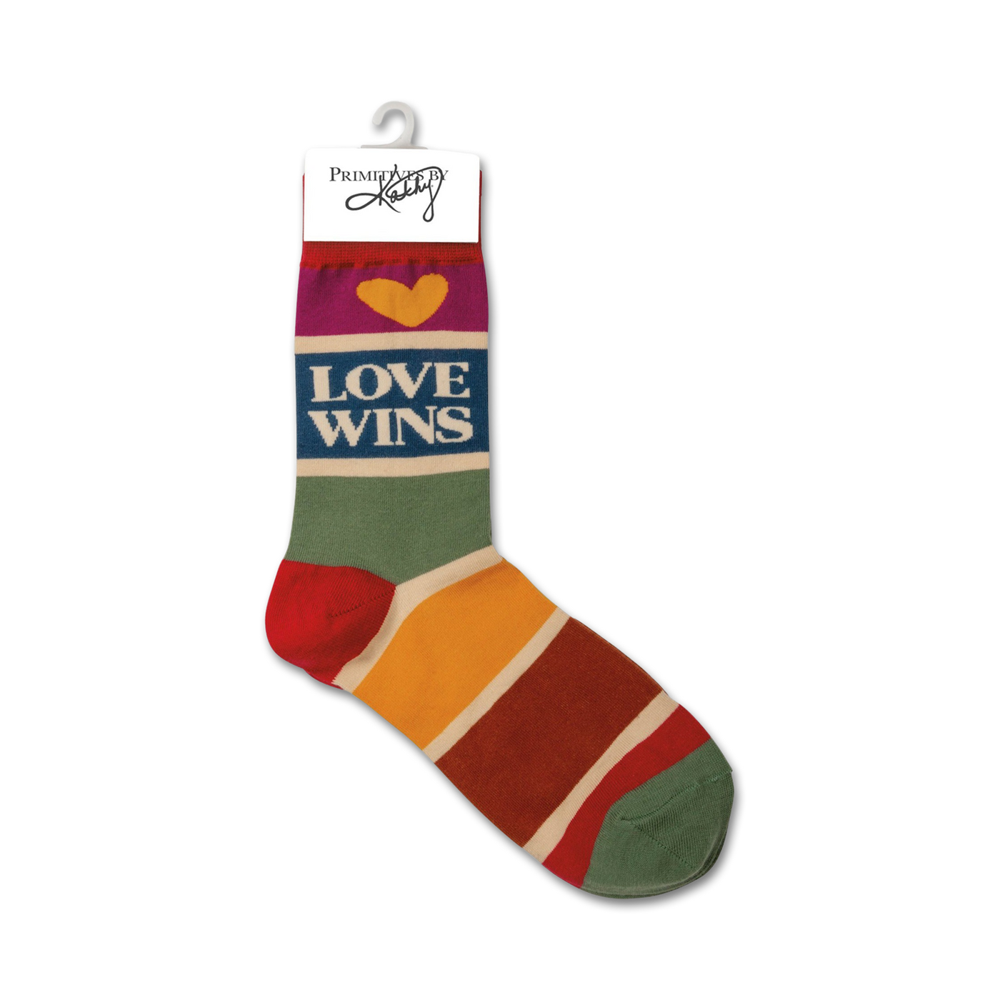 Flat lay product shot of a single 'Love Wins' sock hanging on a tag, showing the sock's details.