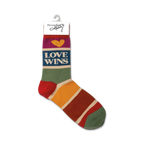 Flat lay product shot of a single 'Love Wins' sock hanging on a tag, showing the sock's details.
