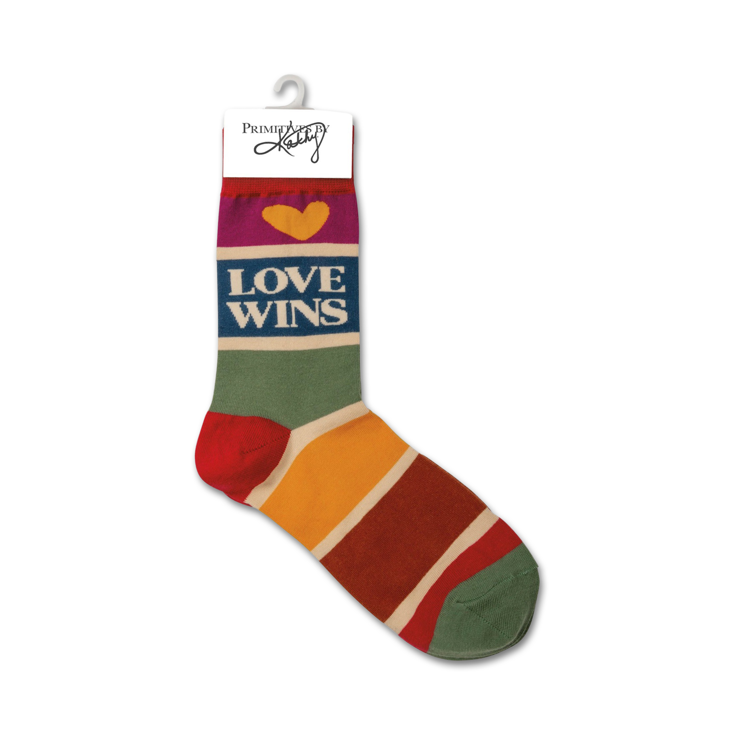 Flat lay product shot of a single 'Love Wins' sock hanging on a tag, showing the sock's details.