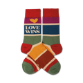 Pair of crew socks in rainbow stripes; red, purple, blue, green, yellow, orange, and cream.  Features 'LOVE WINS' text and a yellow heart.