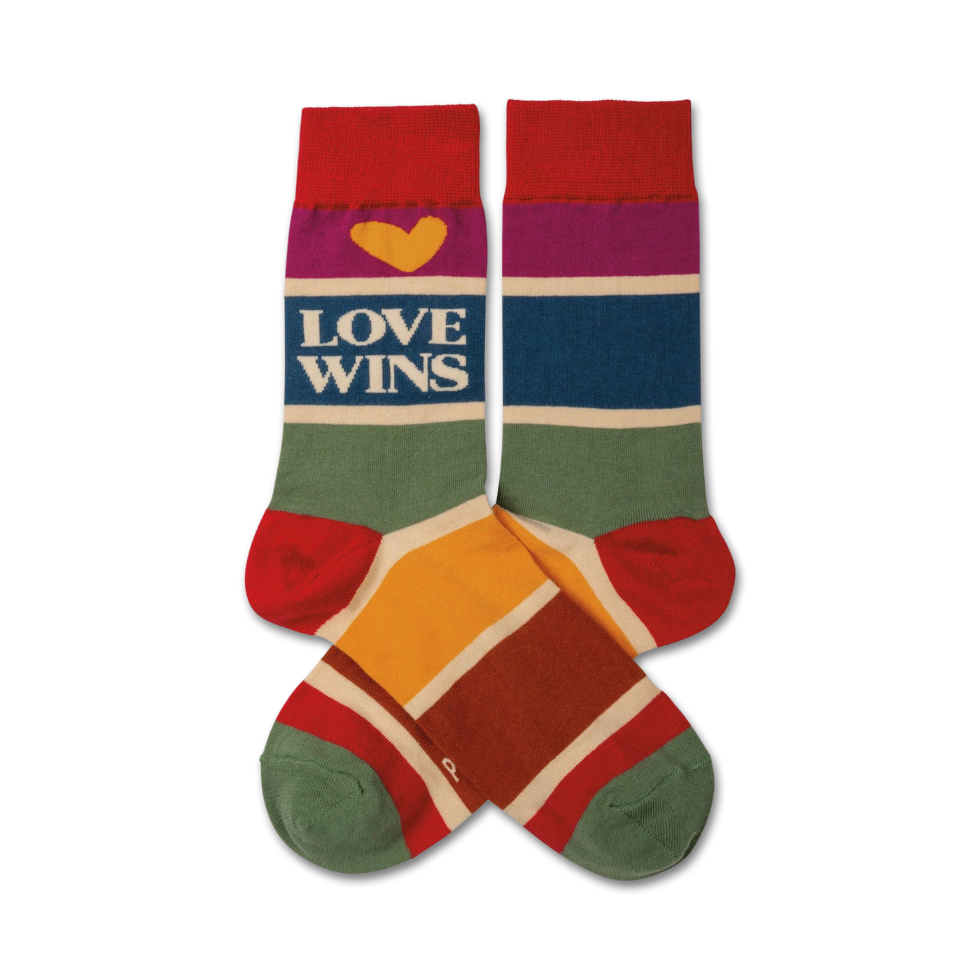 Pair of crew socks in rainbow stripes; red, purple, blue, green, yellow, orange, and cream.  Features 'LOVE WINS' text and a yellow heart.