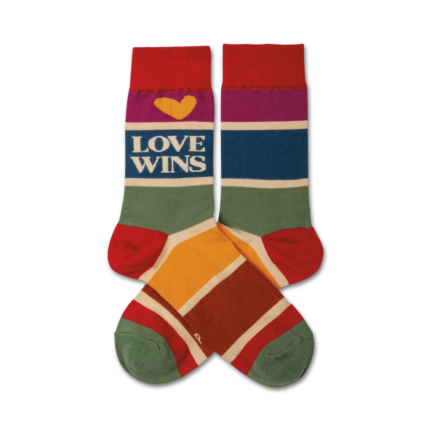 Pair of crew socks in rainbow stripes; red, purple, blue, green, yellow, orange, and cream.  Features 'LOVE WINS' text and a yellow heart.
