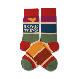 inspirational crew socks with "love wins" text, colorful stripes, yellow heart. perfect for spreading positivity.   