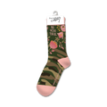 Crew socks in camo green with pink flowers and 'Be You Tiful' text. Pink toe and heel.