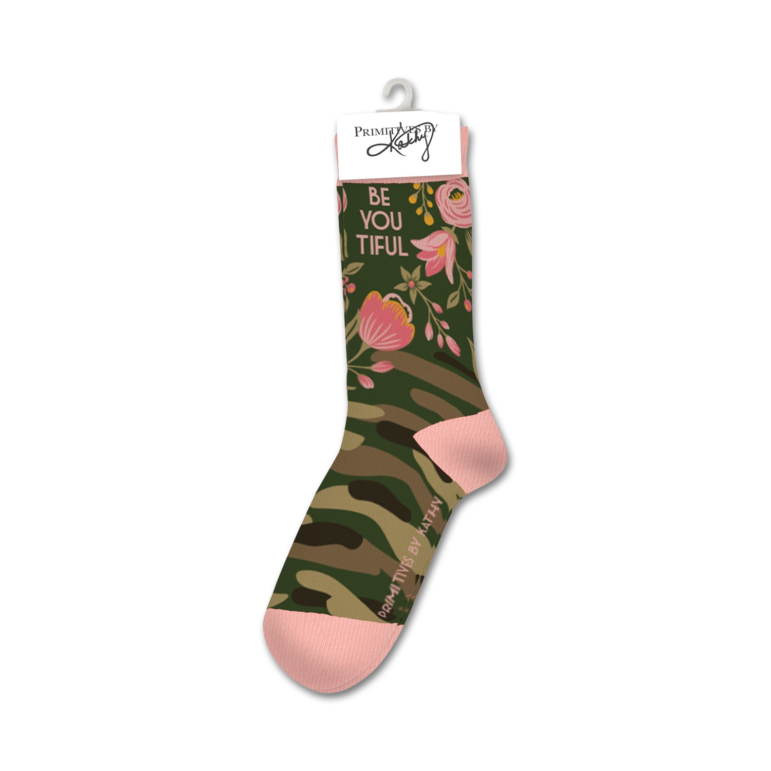 Crew socks in camo green with pink flowers and 'Be You Tiful' text. Pink toe and heel.