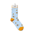 Single light blue crew sock with yellow bee and flower pattern hanging on a display hook.