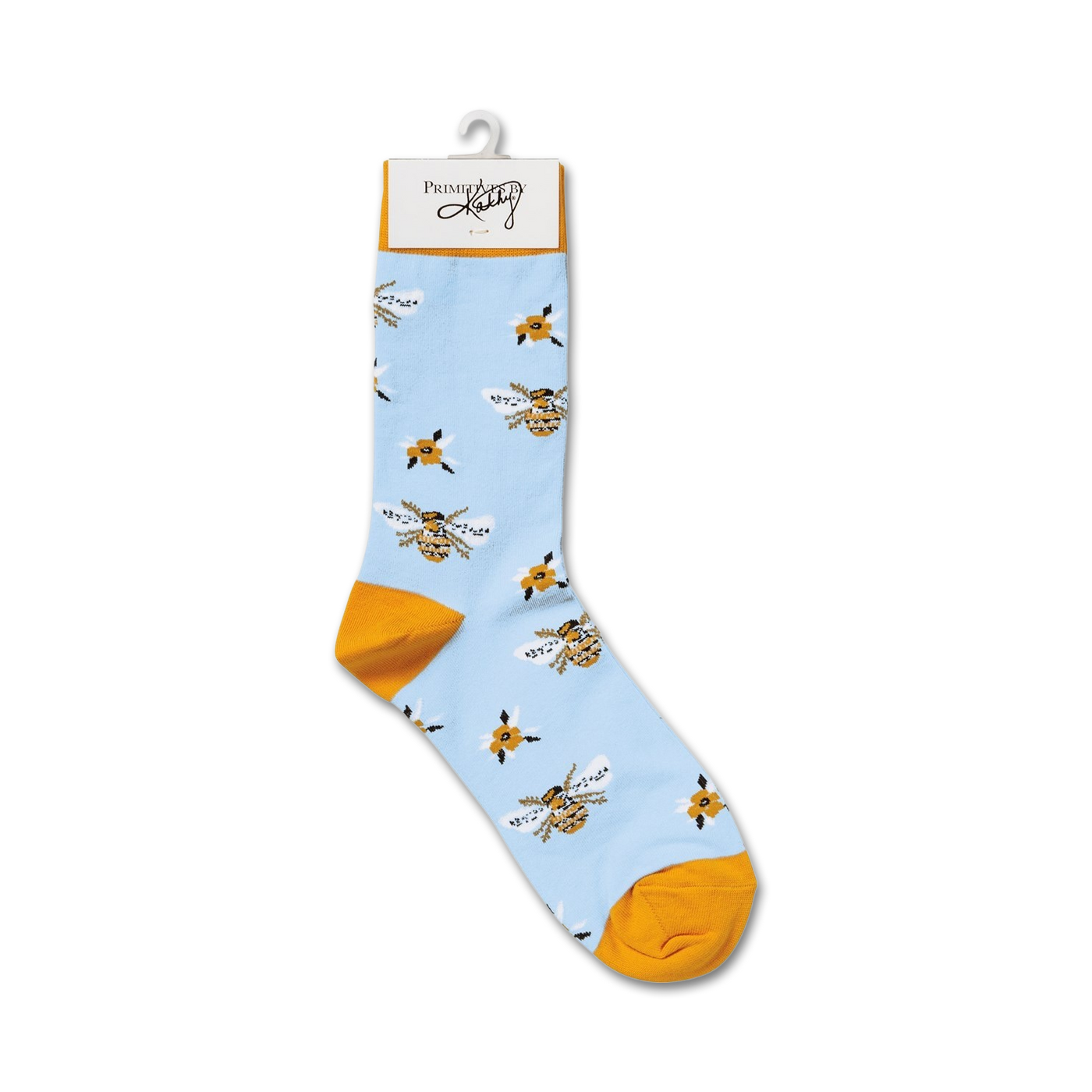 Single light blue crew sock with yellow bee and flower pattern hanging on a display hook.