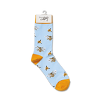Single light blue crew sock with yellow bee and flower pattern hanging on a display hook.