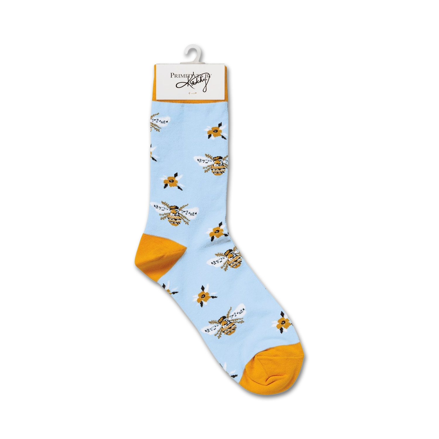 Single light blue crew sock with yellow bee and flower pattern hanging on a display hook.