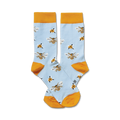 Pair of light blue crew socks with a pattern of yellow bees and small yellow flowers.  The socks have a mustard yellow cuff.