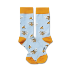 Pair of light blue crew socks with a pattern of yellow bees and small yellow flowers.  The socks have a mustard yellow cuff.
