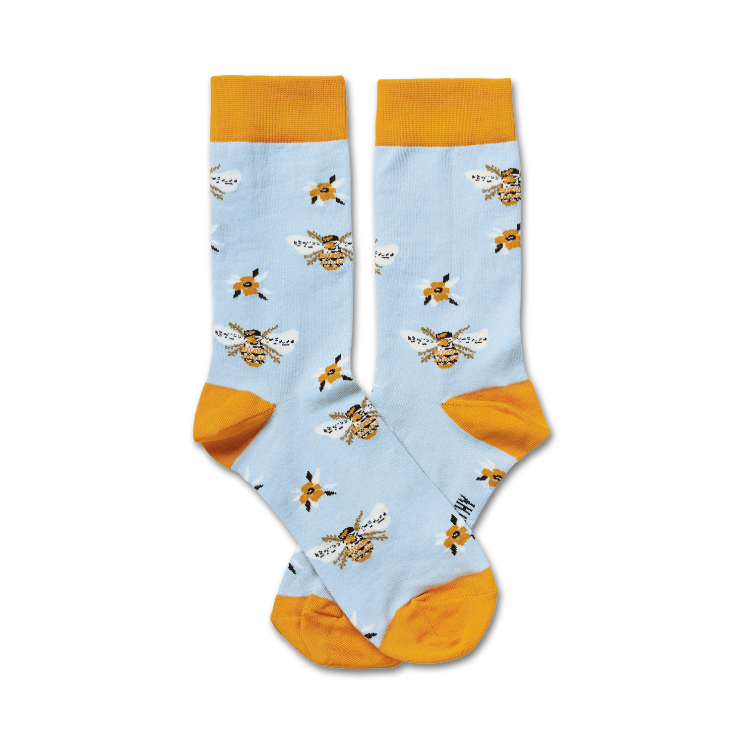 Pair of light blue crew socks with a pattern of yellow bees and small yellow flowers.  The socks have a mustard yellow cuff.
