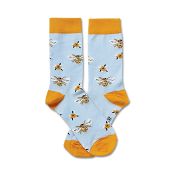 crew length socks with bee and four-petal flower pattern on light blue and orange cuff background.   