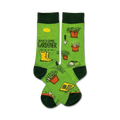 Lime green crew socks with a gardening theme.  Features illustrations of potted plants, gardening tools, and yellow rubber boots.