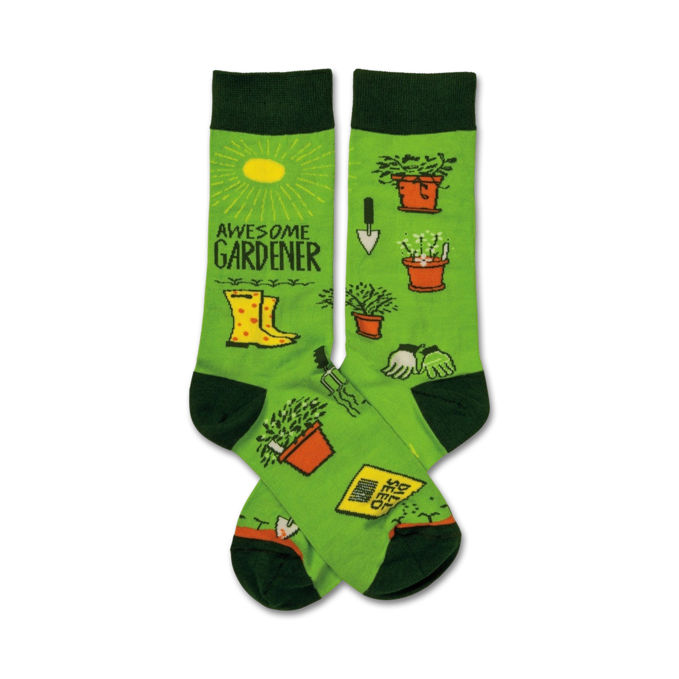 Lime green crew socks with a gardening theme.  Features illustrations of potted plants, gardening tools, and yellow rubber boots.