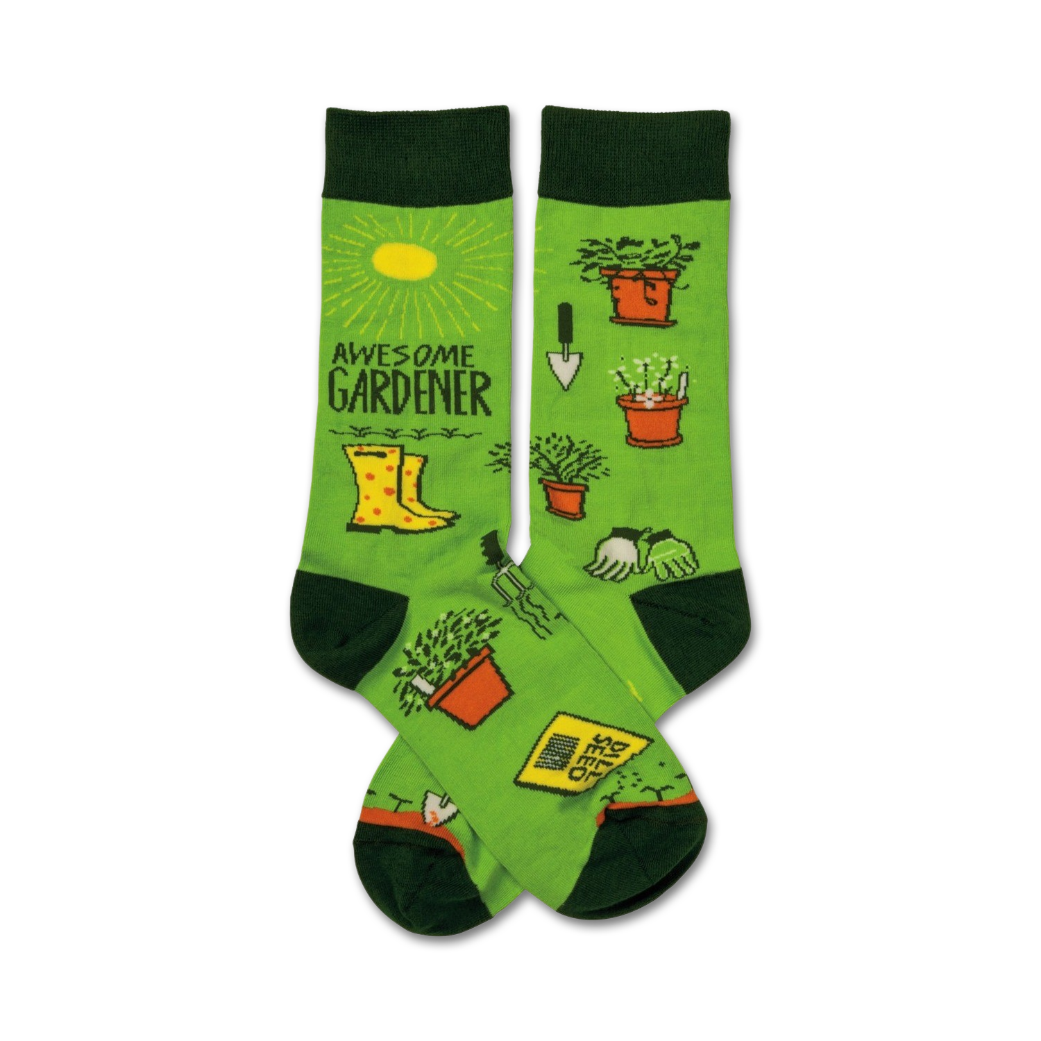 Lime green crew socks with a gardening theme.  Features illustrations of potted plants, gardening tools, and yellow rubber boots.