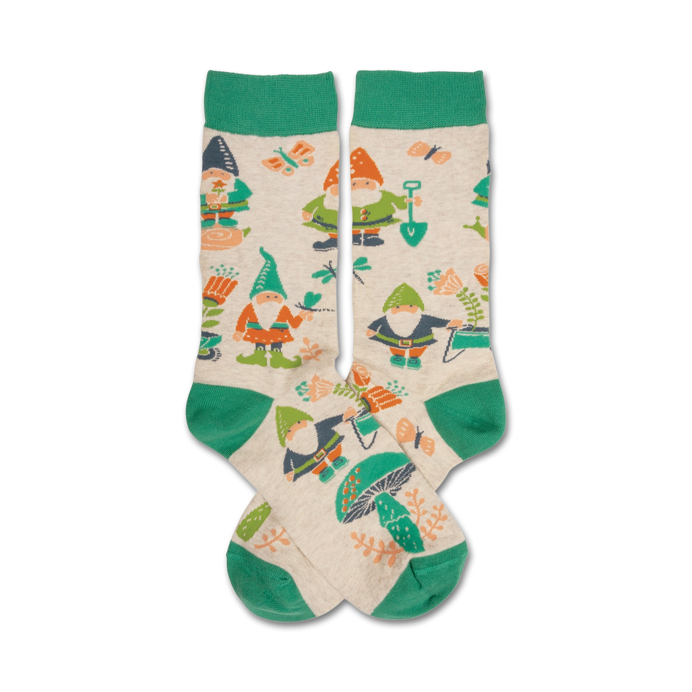 Cream crew socks with green cuffs, featuring a whimsical garden design of gnomes, flowers, mushrooms, and gardening tools.