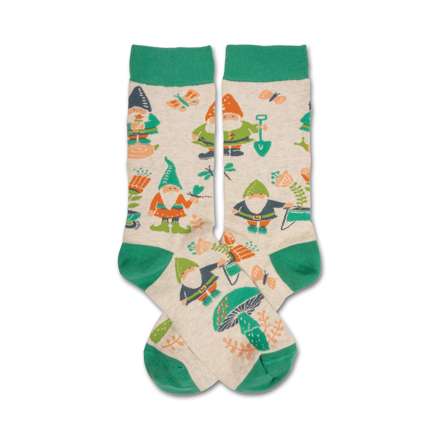 Cream crew socks with green cuffs, featuring a whimsical garden design of gnomes, flowers, mushrooms, and gardening tools.
