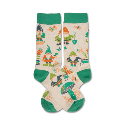 white crew socks with a pattern of cartoon garden gnomes doing various gardening tasks.  