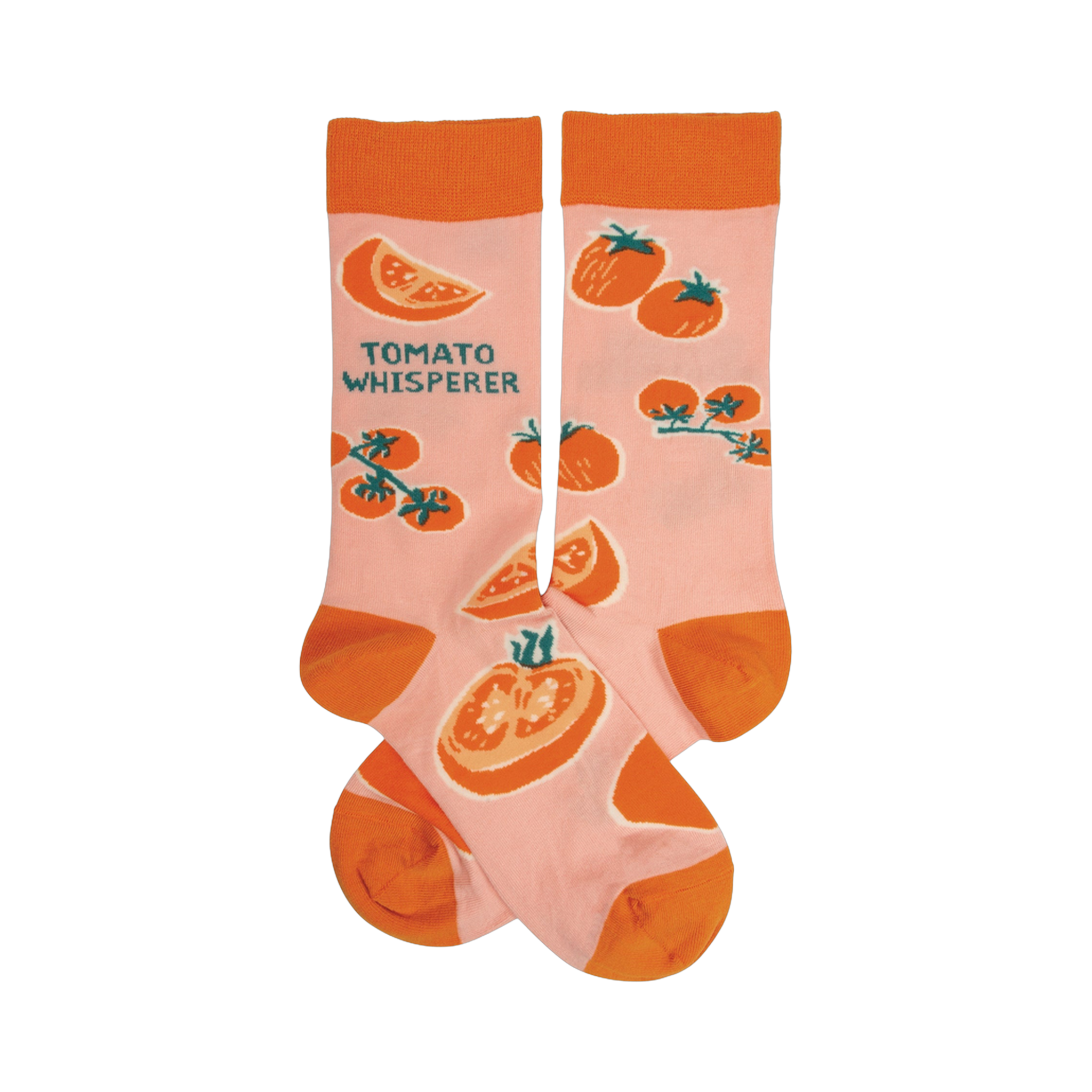 Pair of pink crew socks with an orange tomato pattern and the text 'Tomato Whisperer'.