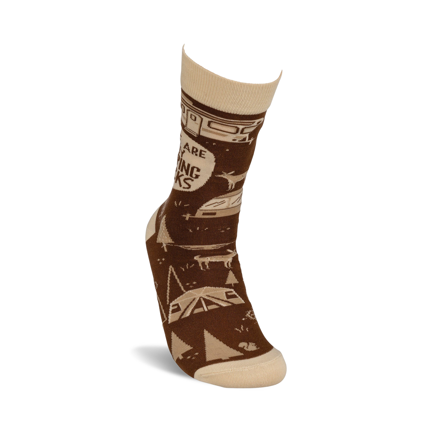 Lifestyle shot of a person wearing one 'These Are My Camping Socks' sock, showcasing the design and fit.
