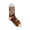 Product shot of a single 'These Are My Camping Socks' sock on a hanger, highlighting the packaging and sock design.
