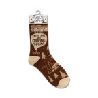 Product shot of a single 'These Are My Camping Socks' sock on a hanger, highlighting the packaging and sock design.