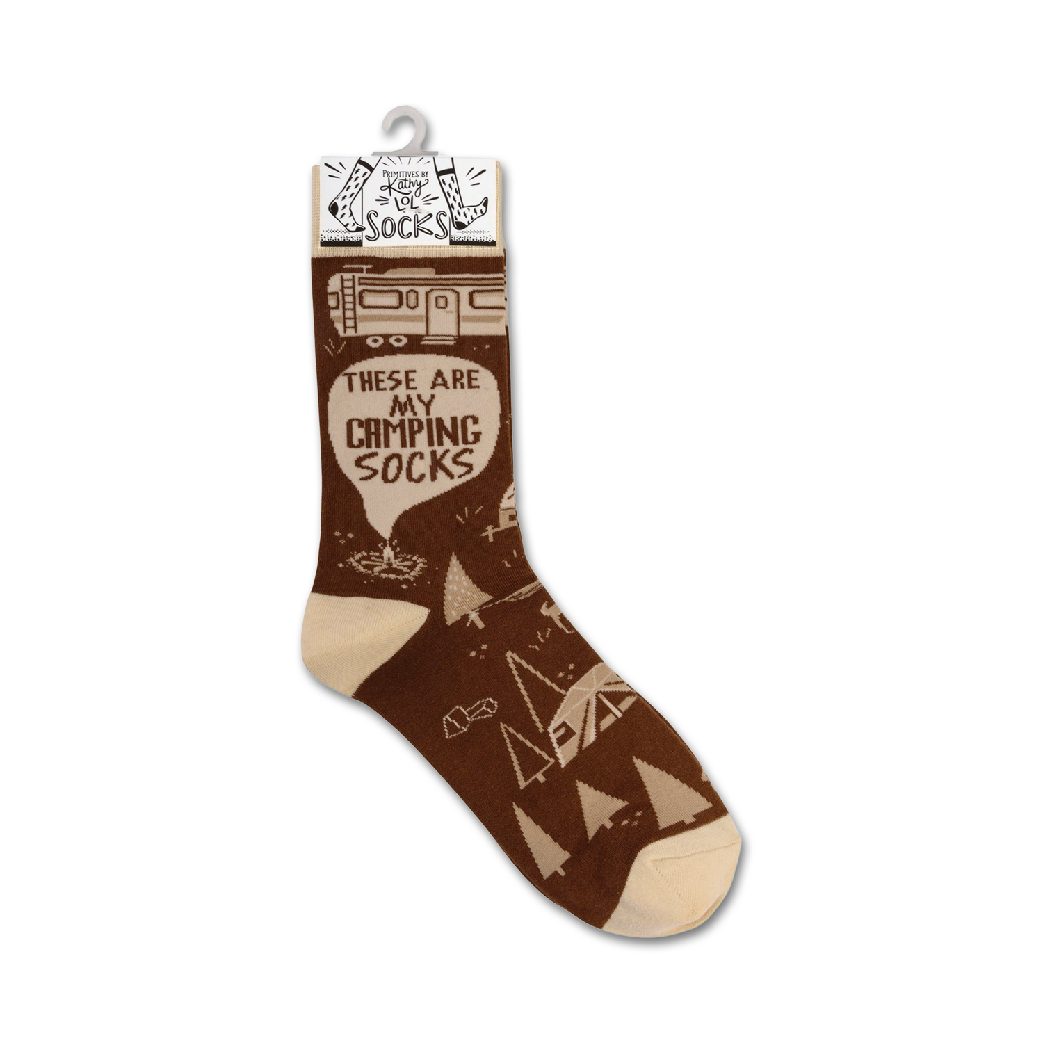 Product shot of a single 'These Are My Camping Socks' sock on a hanger, highlighting the packaging and sock design.