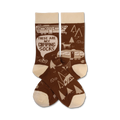Brown and beige crew socks with a camping theme.  Design includes camper vans, trees, tents, and the text 'These Are My Camping Socks'.