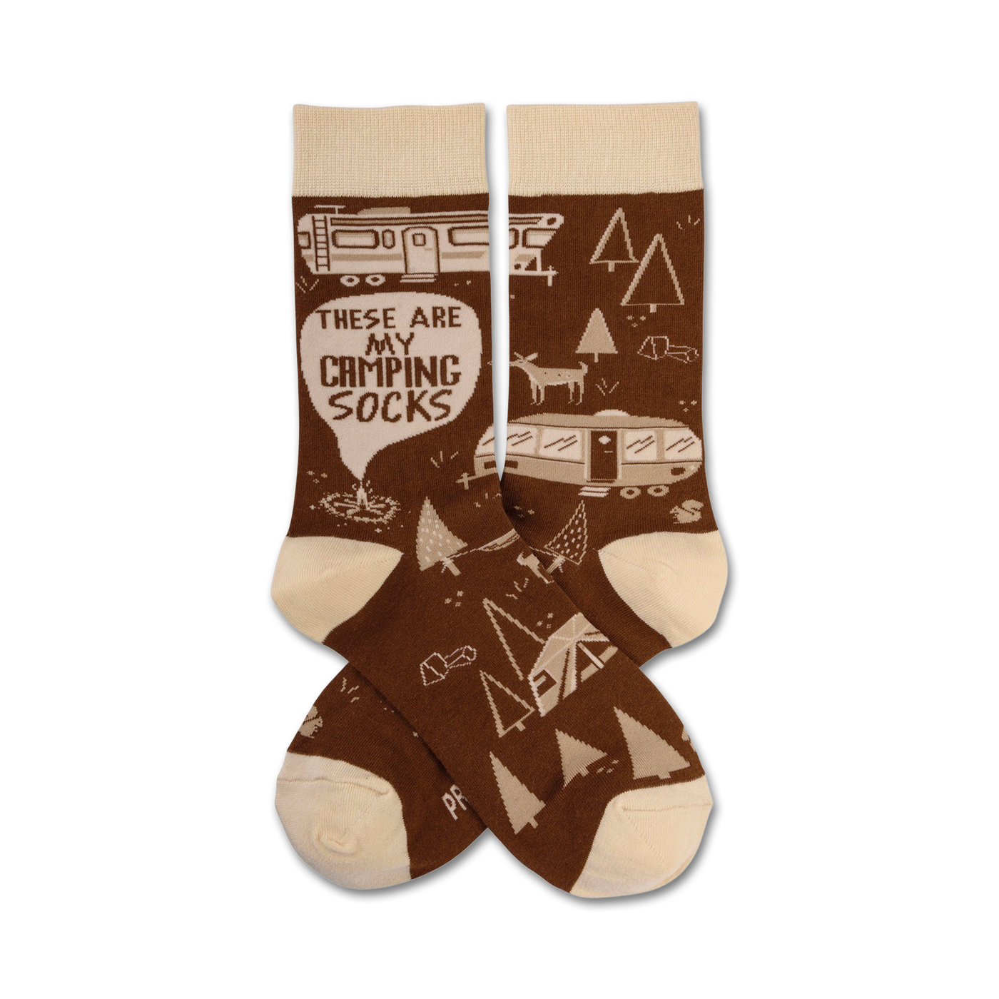Brown and beige crew socks with a camping theme.  Design includes camper vans, trees, tents, and the text 'These Are My Camping Socks'.
