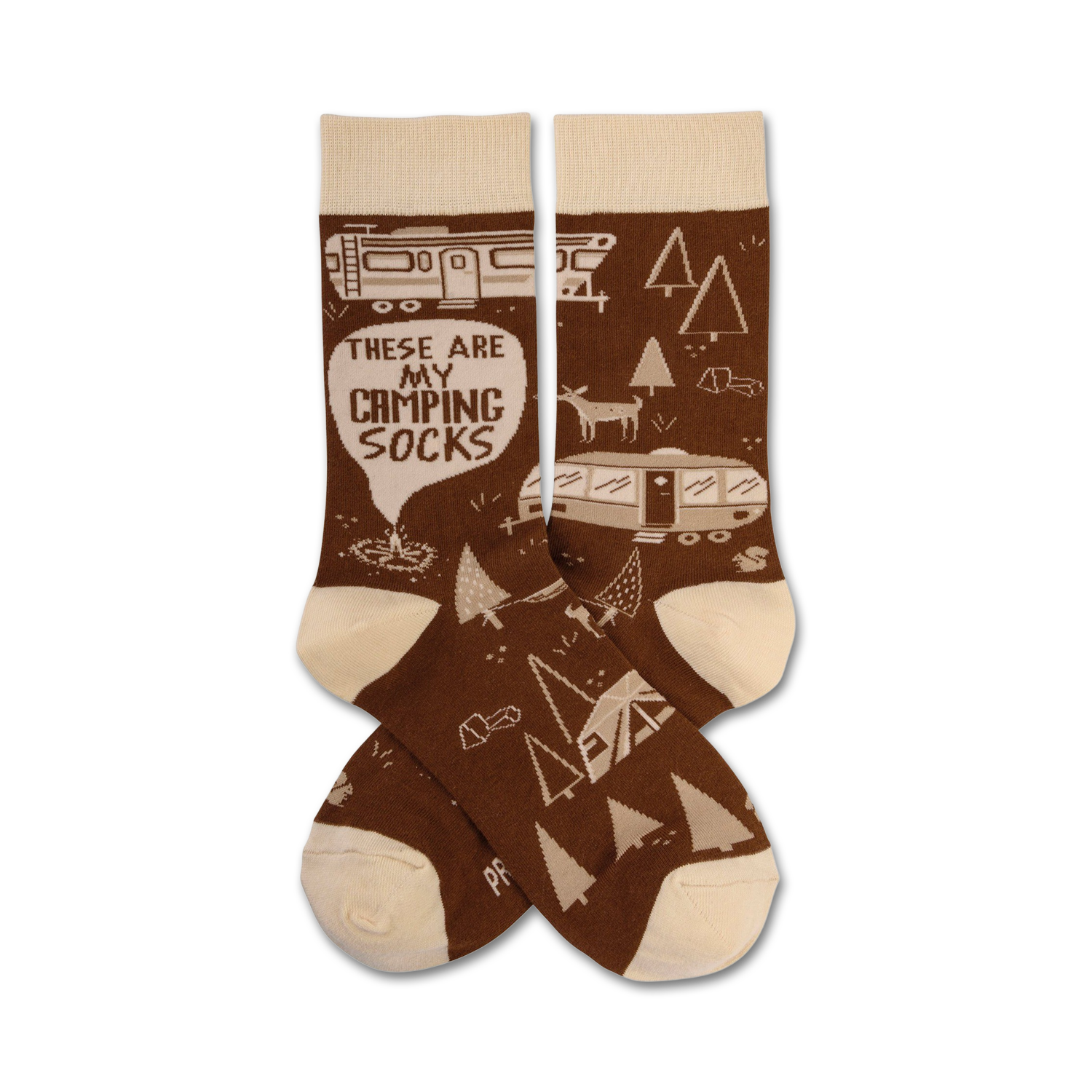 Brown and beige crew socks with a camping theme.  Design includes camper vans, trees, tents, and the text 'These Are My Camping Socks'.