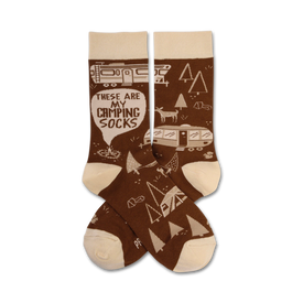 brown crew socks with white bubble lettering "these are my camping socks". images of deer, tents, campfires, mountains, pine trees, and campers.   