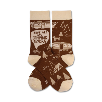 brown crew socks with white bubble lettering "these are my camping socks". images of deer, tents, campfires, mountains, pine trees, and campers.   