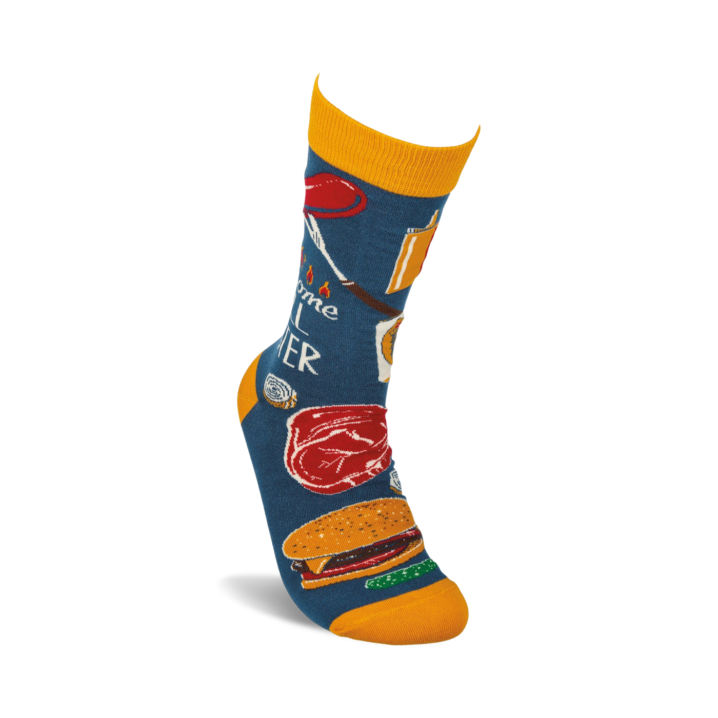 Lifestyle shot of Awesome Grill Master socks on a foot. Shows the socks on a model's foot, emphasizing the length and design.
