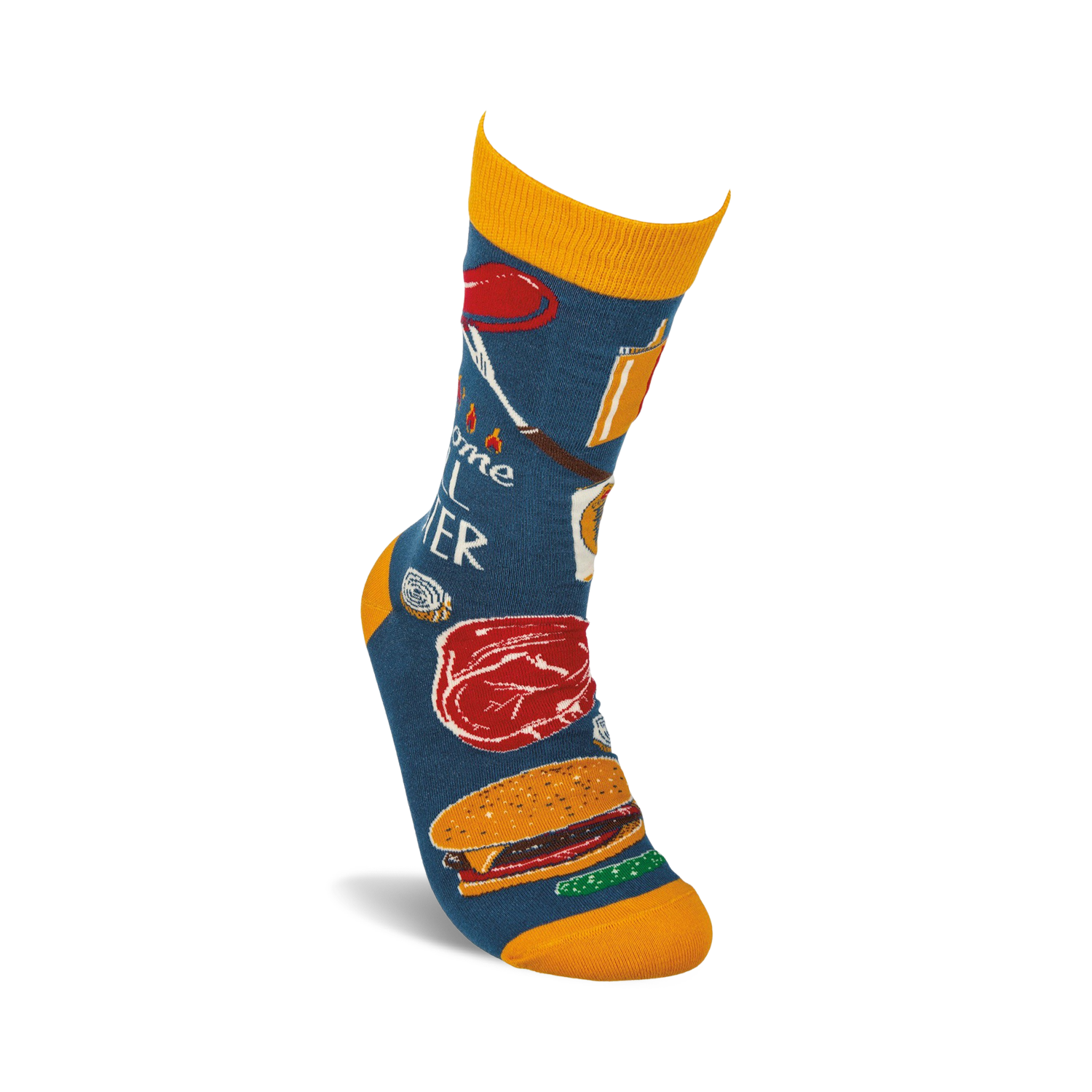 Lifestyle shot of Awesome Grill Master socks on a foot. Shows the socks on a model's foot, emphasizing the length and design.