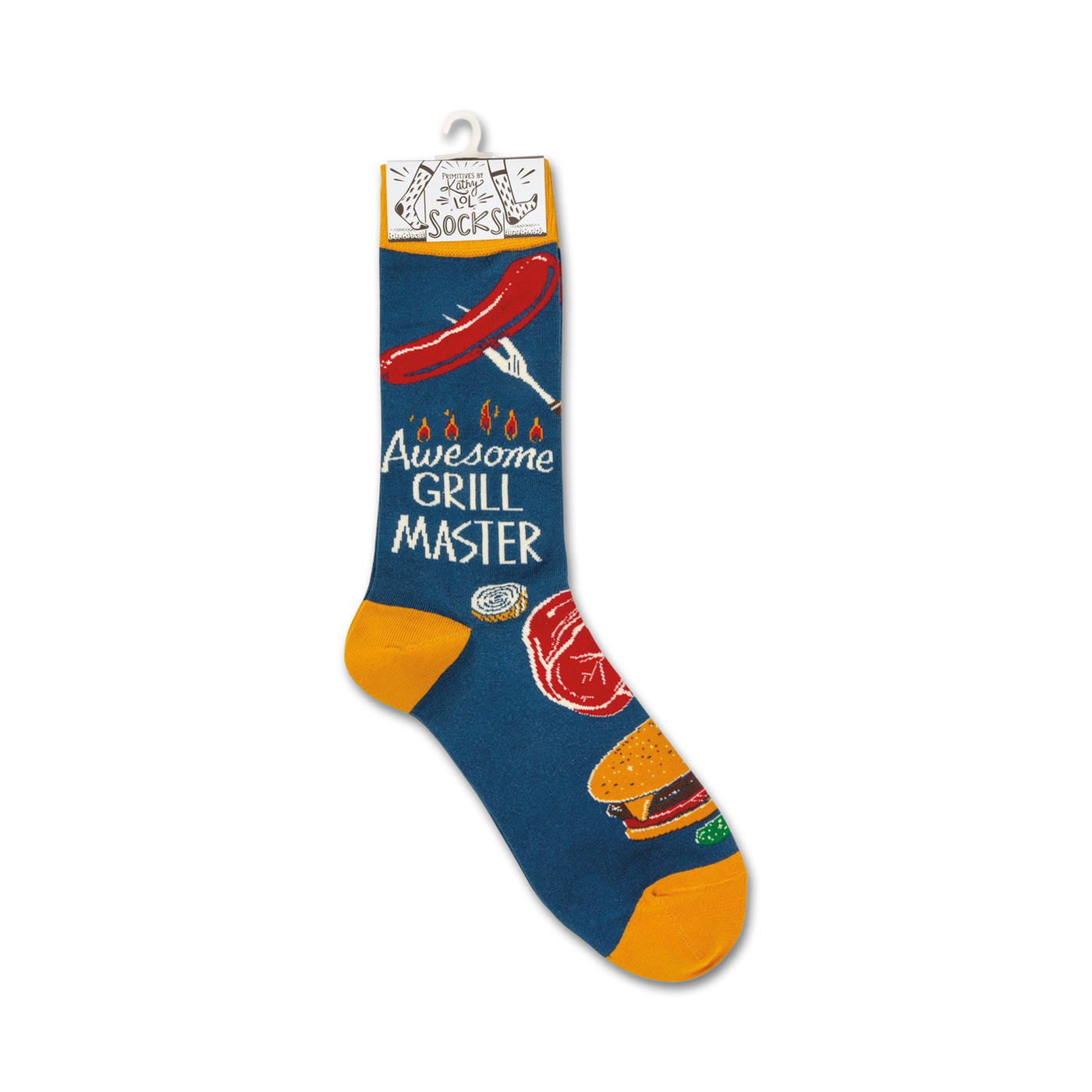 Flat lay product shot of the Awesome Grill Master socks, showcasing the full design detail.