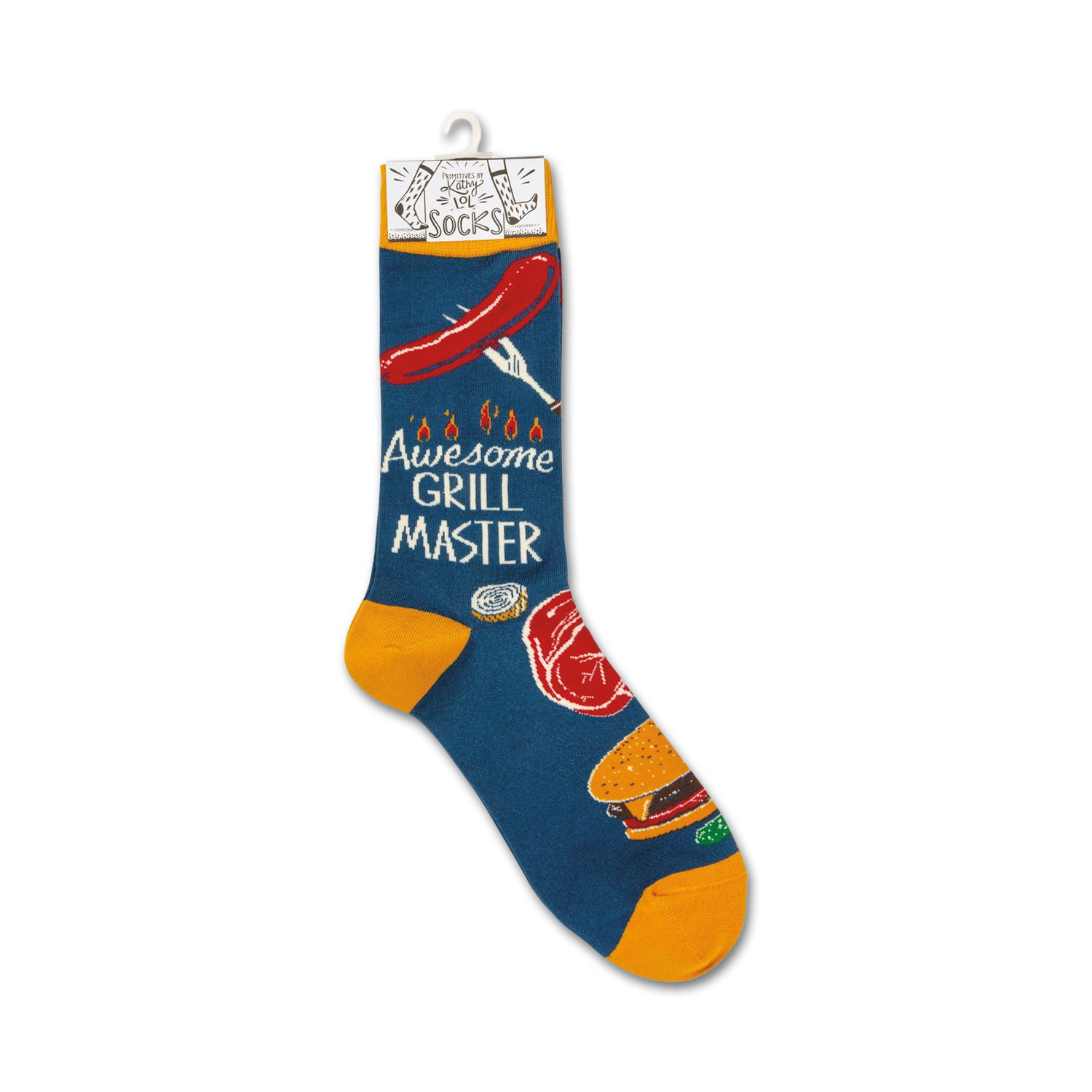 Flat lay product shot of the Awesome Grill Master socks, showcasing the full design detail.