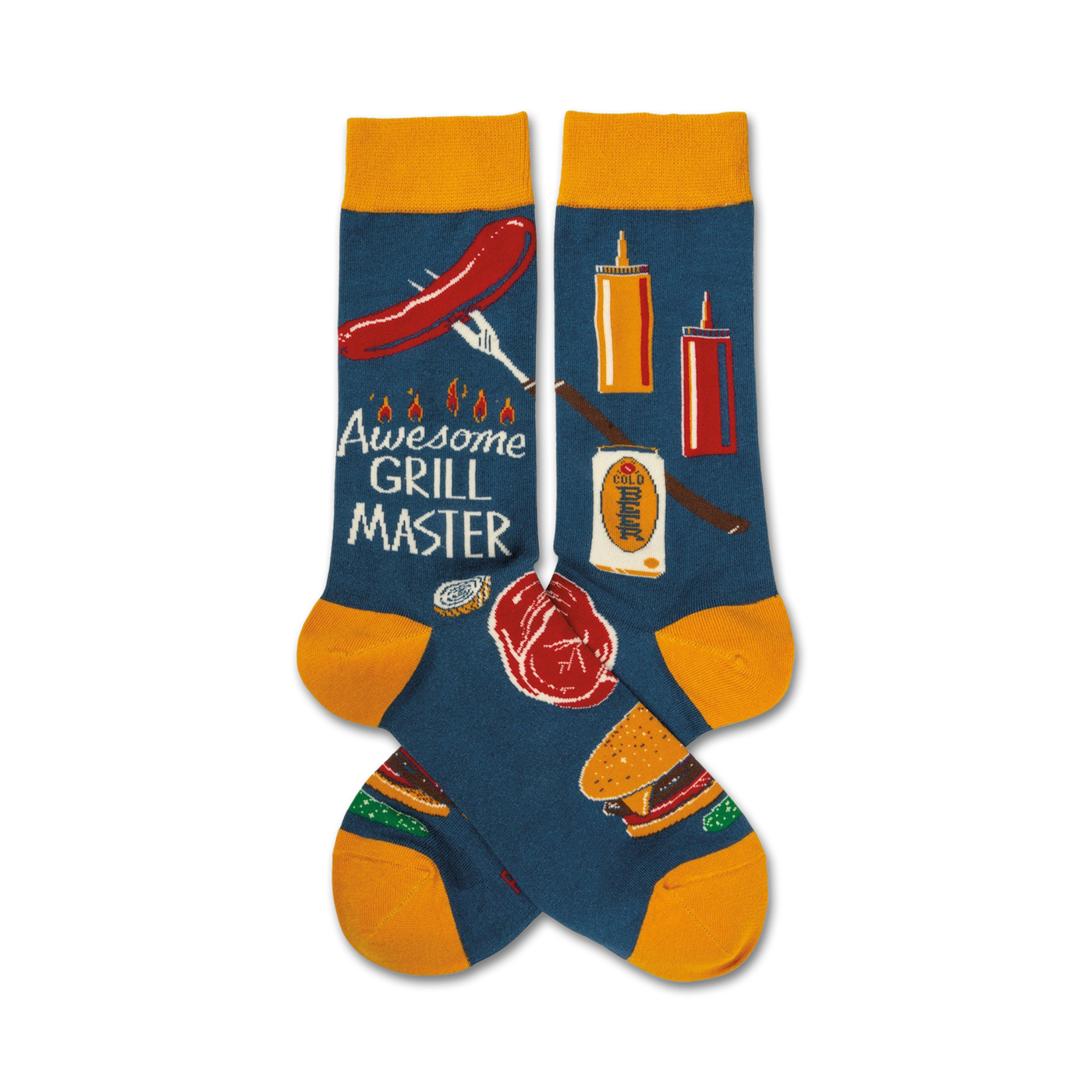 Pair of blue crew socks with yellow cuffs.  Features a fun BBQ design with hot dogs, burgers, and grilling tools.