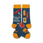 Pair of blue crew socks with yellow cuffs.  Features a fun BBQ design with hot dogs, burgers, and grilling tools.