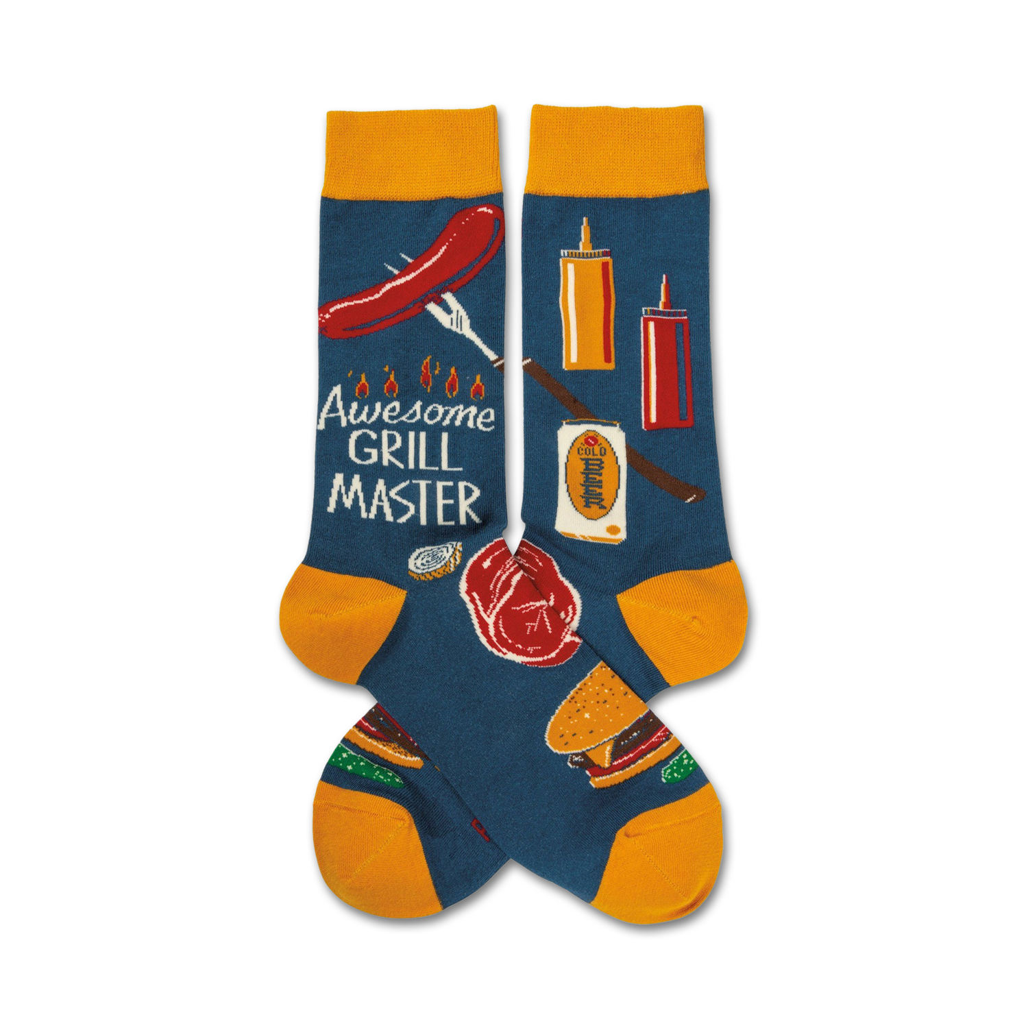 Pair of blue crew socks with yellow cuffs.  Features a fun BBQ design with hot dogs, burgers, and grilling tools.