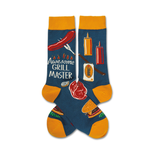 crew socks with fun grilling-related pattern of a hot dog, hamburger, spatula, fork, ketchup, mustard, beer, and the words 