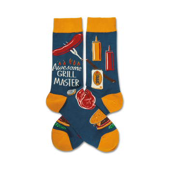 crew socks with fun grilling-related pattern of a hot dog, hamburger, spatula, fork, ketchup, mustard, beer, and the words "awesome grill master."  