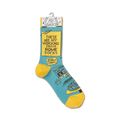 Flat lay product shot showing the pair of 'Working From Home' socks, showcasing the full design.