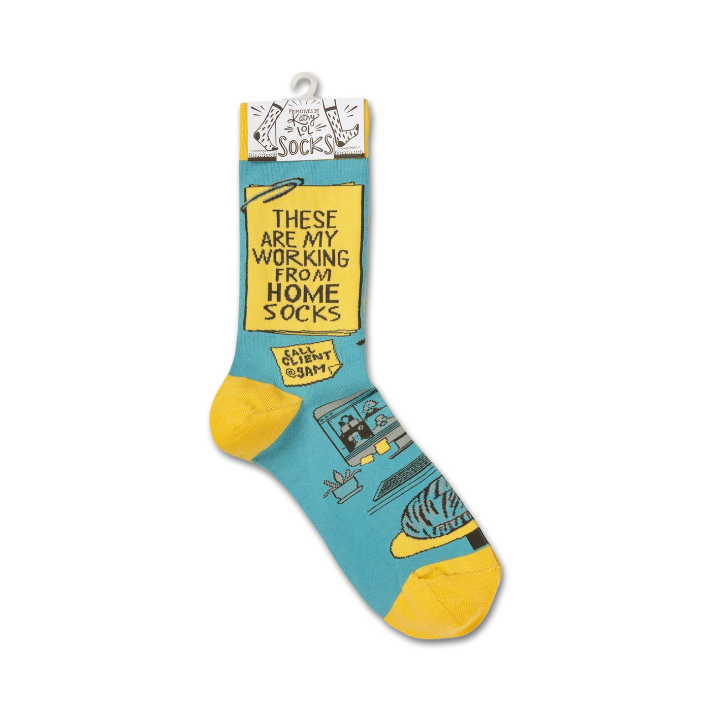 Flat lay product shot showing the pair of 'Working From Home' socks, showcasing the full design.