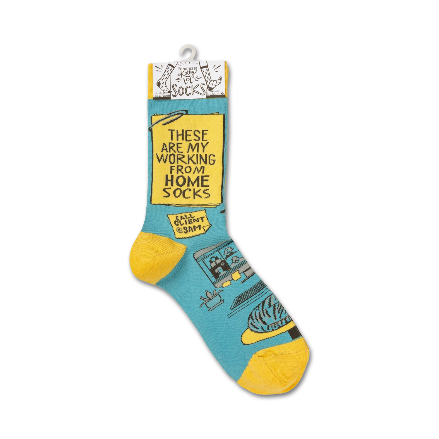 Flat lay product shot showing the pair of 'Working From Home' socks, showcasing the full design.