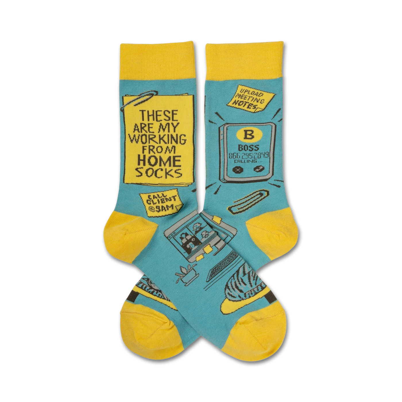 Crew socks in teal and yellow.  Feature funny illustrations of working from home, including a laptop, cat, and sticky notes.