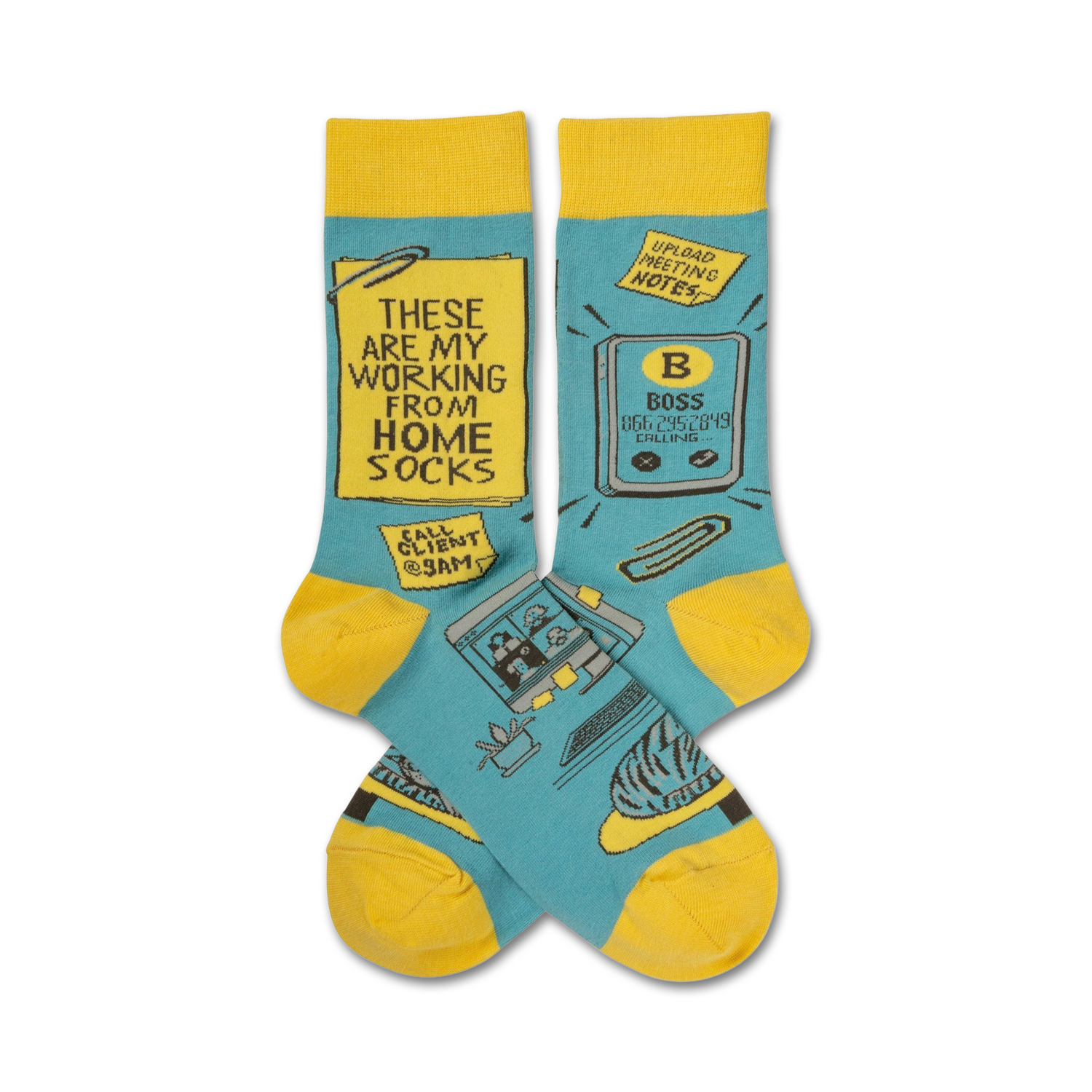 Crew socks in teal and yellow.  Feature funny illustrations of working from home, including a laptop, cat, and sticky notes.